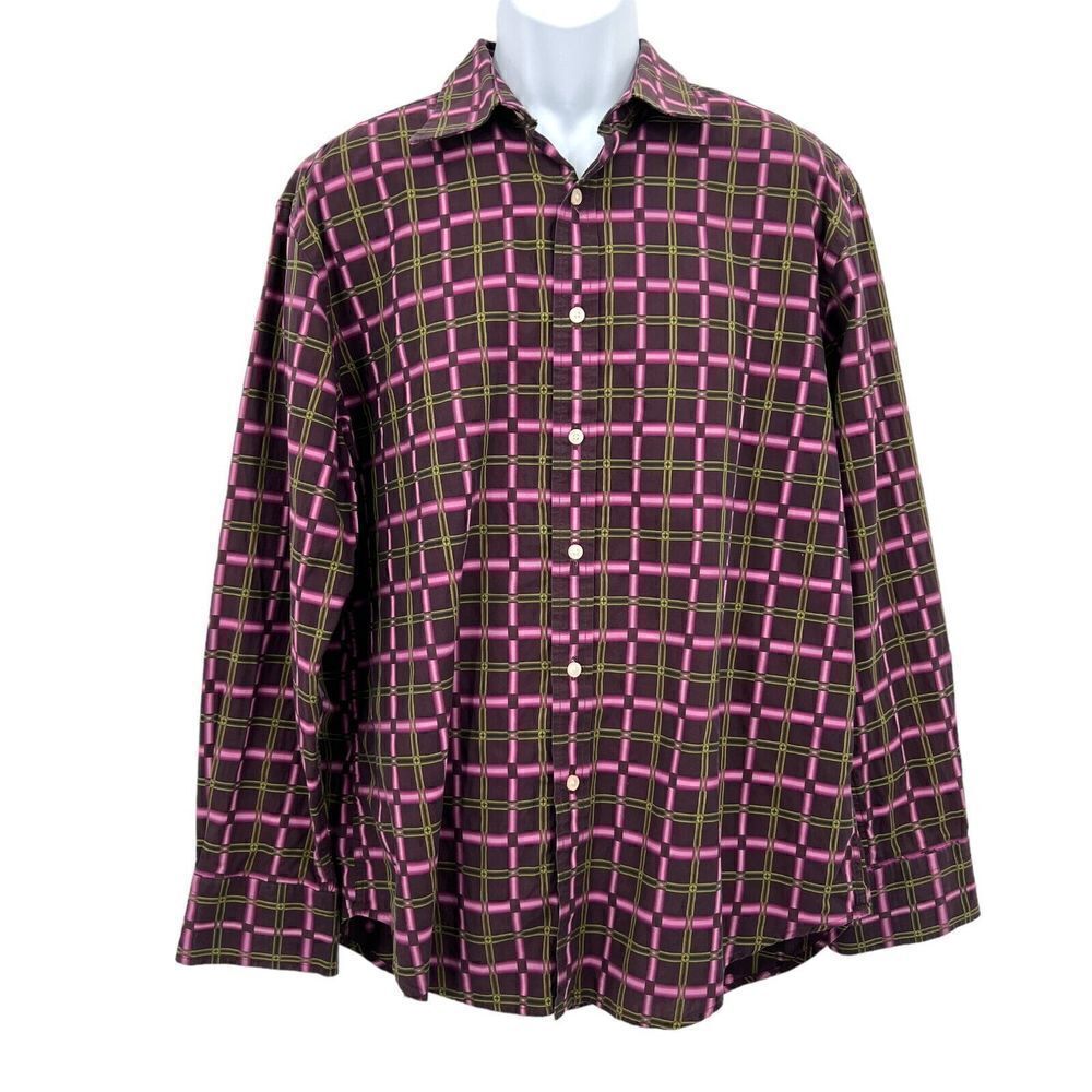 Robert Graham Men's Button Down Shirt XL Purple Green Fluorescent 100% Cotton